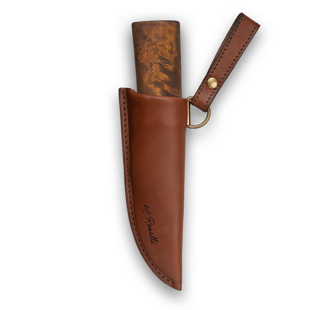 Handmade Finnish short hunting knife for outdoor and smaller game hunting. Comes with a handmade leather sheath.