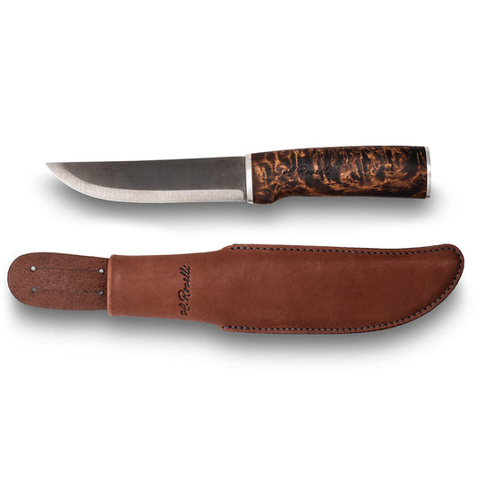Handmade Finnish hunting knife with a long knife blade with silver ferrule details comes with a dark  leather sheath