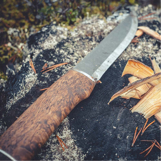 Handmade Finnish hunting knife with a long knife blade with silver ferrule details