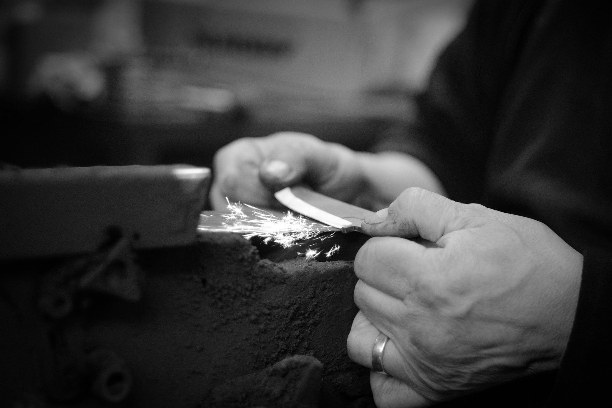 Roselli handmade knife being sharpened 