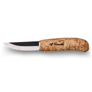 Handmade Finnish knife from Roselli in model "carpenter knife" with a handle made out of curly birch and comes with a light tanned leather sheath