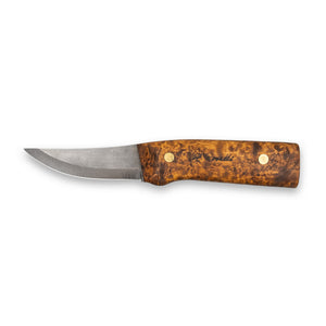 Roselli's handmade Finnish hunting knife with full tang blade and a handle made of stanied curly birch. Comes with a handmade Finnish leather combo sheath including Roselli's firesteel.