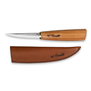 Roselli's handmade Finnish Carving knife with a handle made from red elm and a blade from carbon steel with a scandi grind zero feature. Comes with a handmade leather sheath. 