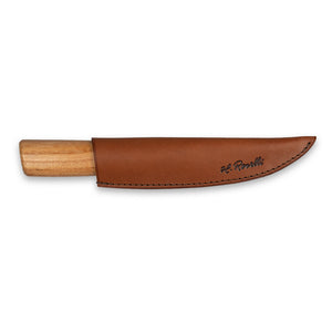 Roselli's handmade Finnish Carving knife with a handle made from red elm and a blade from carbon steel with a scandi grind zero feature. Comes with a handmade leather sheath. 
