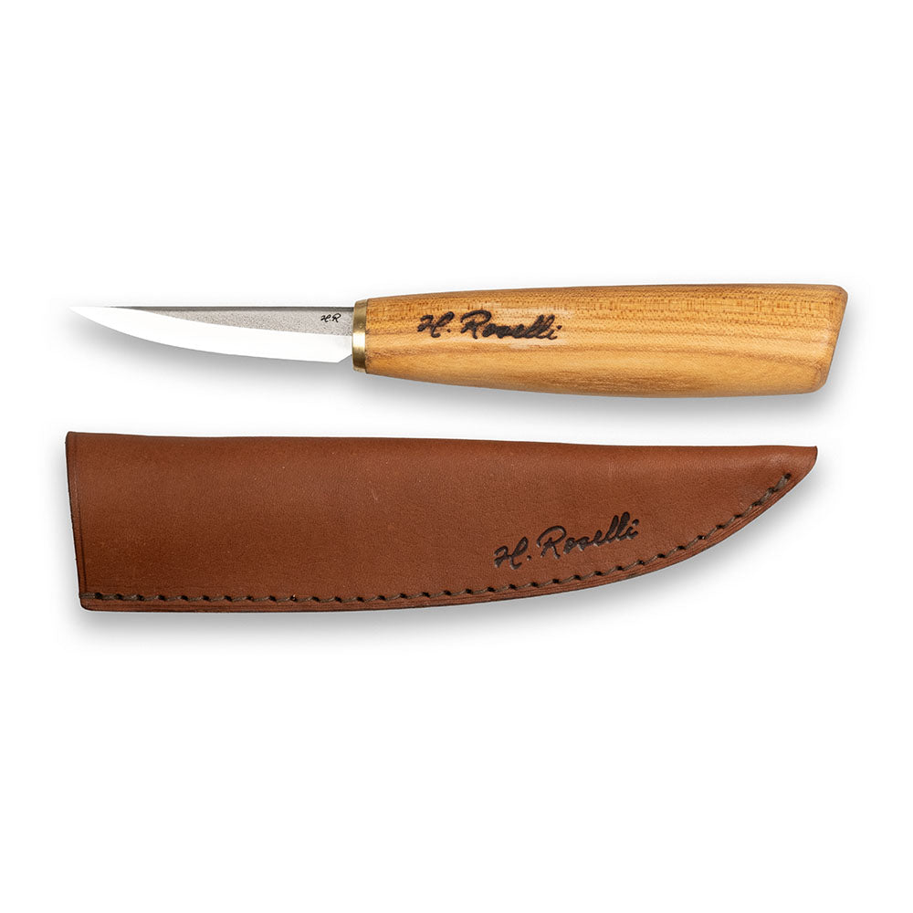 Rosellis Finnish handmade carving knife with a carbon steel blade and a handle of red elm.