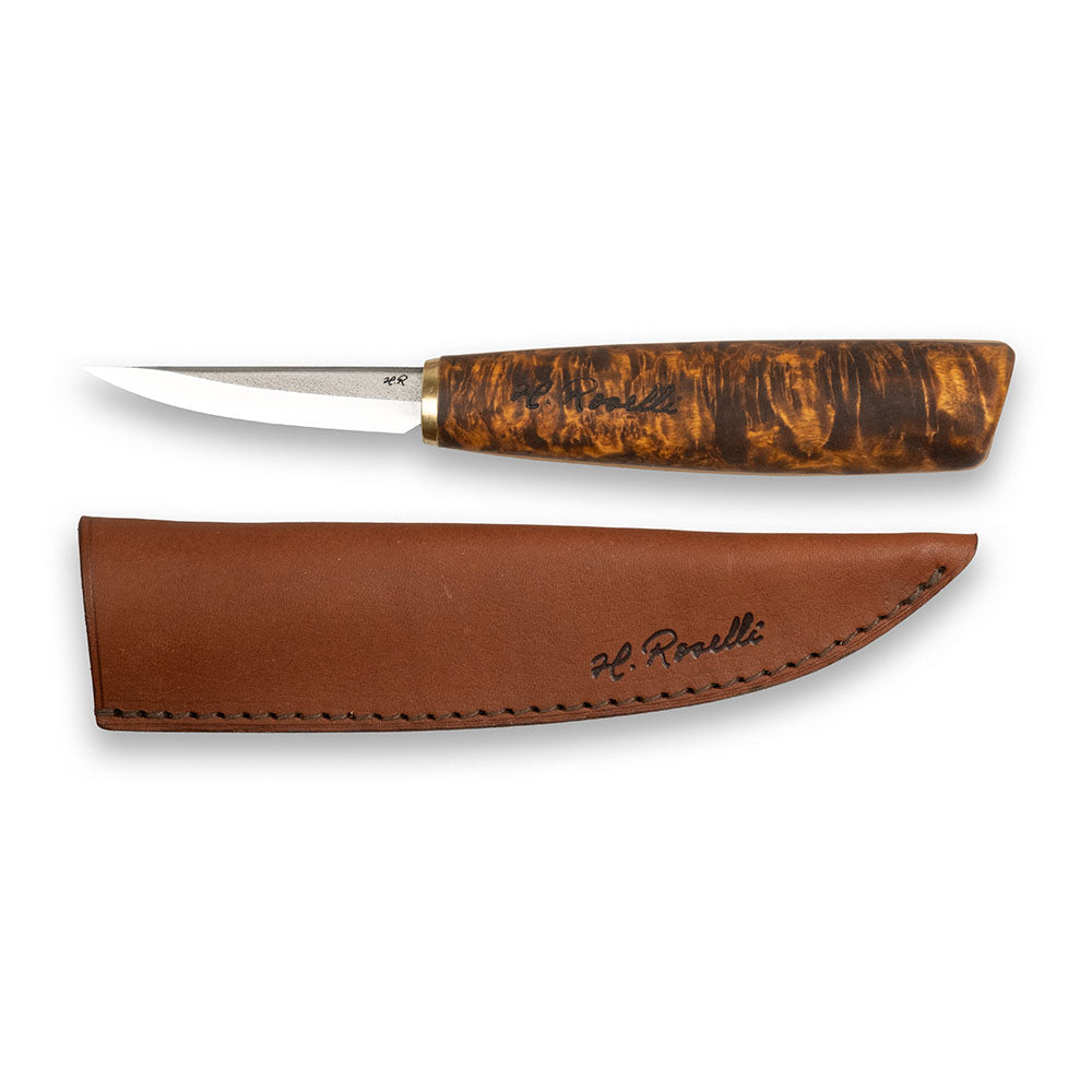 Rosellis Finnish handmade carving knife with a carbon steel blade and a handle of stained curly birch.