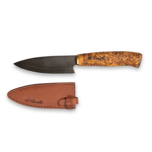 Handmade kitchen knife from Roselli, inspired by Japanese cuisine. Featuring a curly birch handle and a carbon steel blade, it comes with a handcrafted leather sheath.