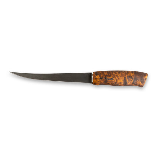 Roselli's handmade fillet and fishing knife with a long blade of carbon steel. Comes delivered with a handmade leather sheath. 