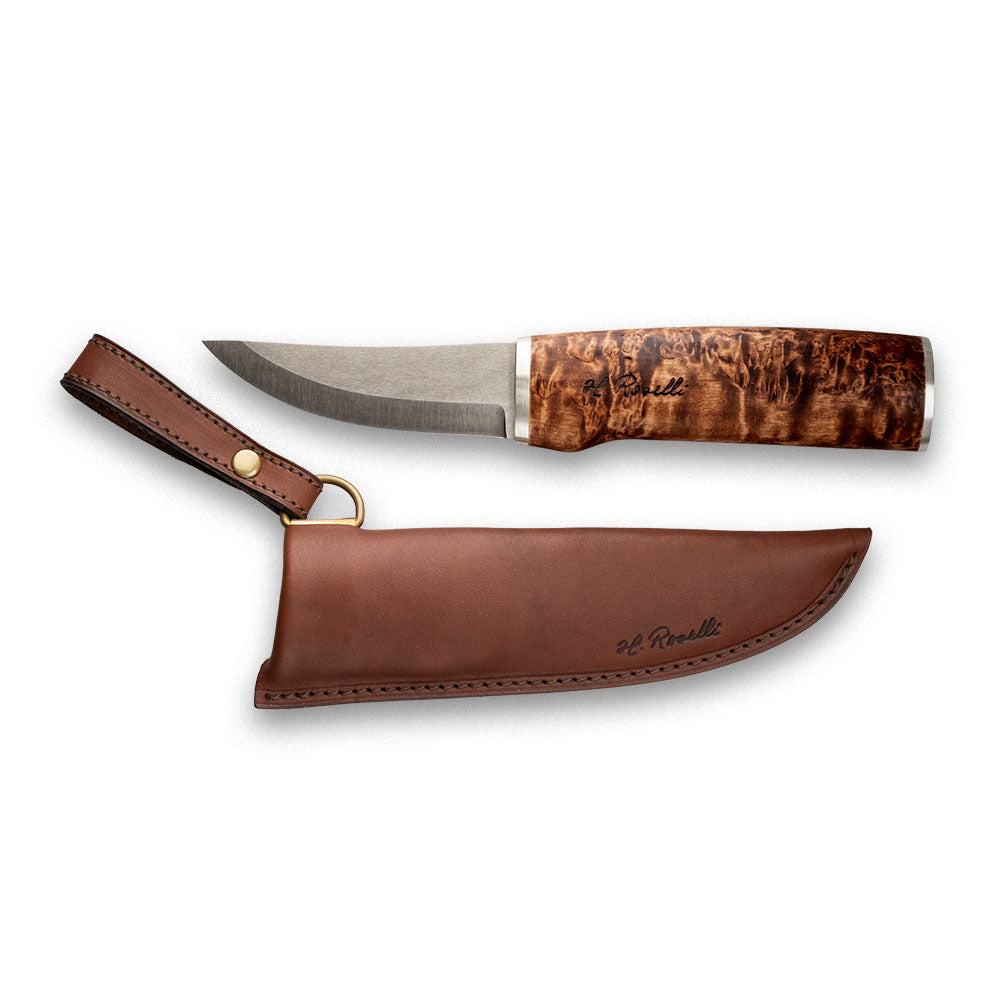 Handmade Finnish hunting knife from Roselli with details of silver ferrule