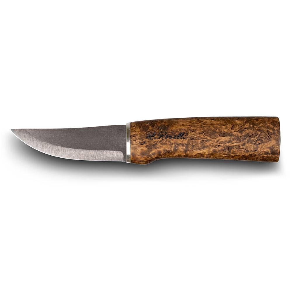 Handmade Finnish hunting knife in UHC Steel from Roselli with a handle of stained curly birch 