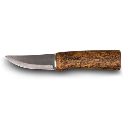 Handmade Finnish hunting knife in UHC Steel from Roselli with a handle of stained curly birch 