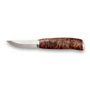 Handmade Finnish knife from Roselli in model "carpenter knife" comes with a handle made out of heat treated curly birch and details of silver ferrule