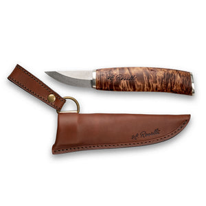 Handmade Finnish knife from Roselli in model "bear claw" comes in UHC steel and details of silver ferrule and a handle made out of heat treated curly birch