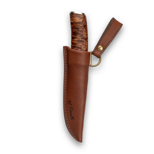 Handmade Finnish knife from Roselli in model "bear claw" comes in UHC steel and details of silver ferrule and a handle made out of heat treated curly birch
