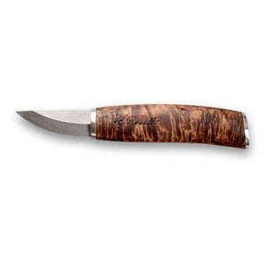 Handmade Finnish knife from Roselli in model "bear claw" comes in UHC steel and details of silver ferrule and a handle made out of stained curly birch