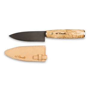 Roselli's Finnish handmade Japanese kitchen knife. Model "Allround knife" with a carbon steel blade and handle made from curly birch. Comes with a handmade sheath of light Finnish vegetable leather. 