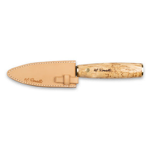 Roselli's Finnish handmade Japanese kitchen knife. Model "Allround knife" with a carbon steel blade and handle made from curly birch. Comes with a handmade sheath of light Finnish vegetable leather. 
