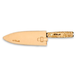Roselli's Finnish handmade kitchen knife inspired from Japan with name "Gyuto". Carbon steel blade and comes with a handmade light leather sheath. 
