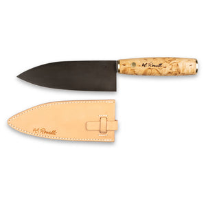 Roselli's Finnish handmade Japanese kitchen knife in model "Santoku knife". Made from carbon steel and curly birch. Comes with a handmade sheath of light vegetable Finnish leather. 