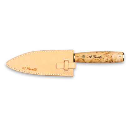 Roselli's Finnish handmade Japanese kitchen knife in model "Santoku knife". Made from carbon steel and curly birch. Comes with a handmade sheath of light vegetable Finnish leather. 