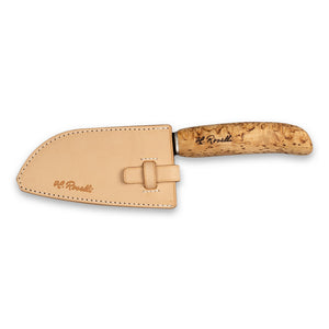 Roselli's handmade Finnish kitchen knife for chefs in carbon steel and a handle made from curly birch. Delivers with a handmade leather sheath. Perfect for both the outdoor and indoor kitchen..