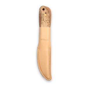 Roselli's new handmade Finnish full tang knife with a carbon steel blade and a handle made out of stabilized curly birch. Comes with a handmade light tanned leather sheath