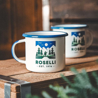 Roselli's camping mug in white and blue. Perfect for camping, hiking and cooking outdoors. 
