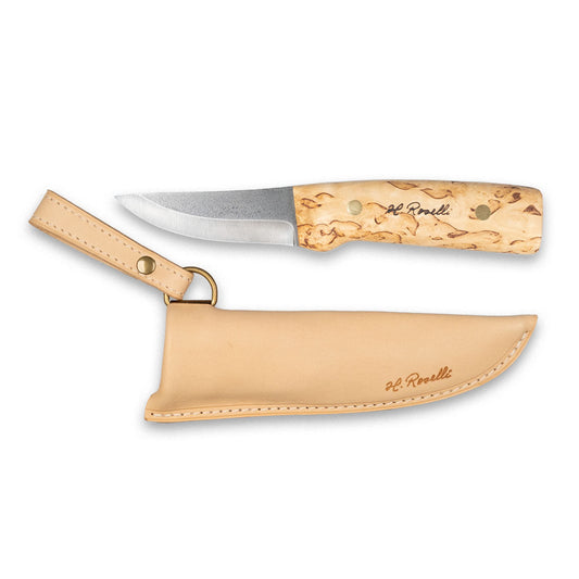 Handmade Finnish hunting knife with a full tang blade and a handle made out of curly birch and a sheath made out of light tanned leather sheath 