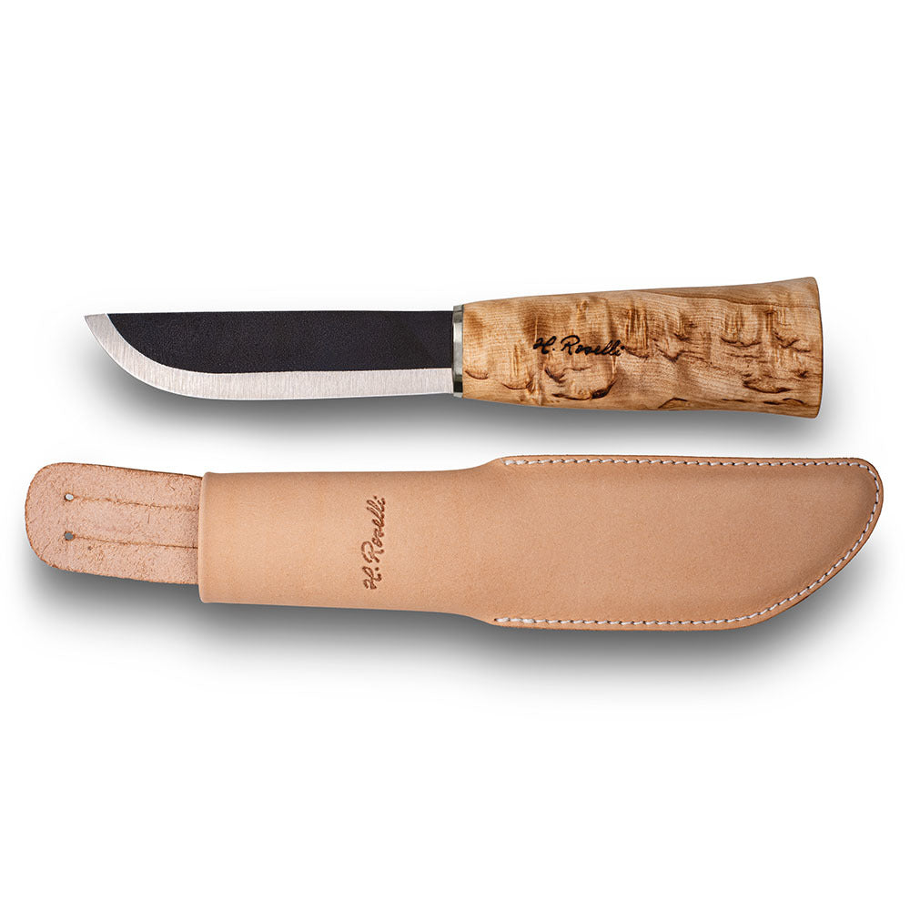 Handmade finnish bushcraft knife from Roselli in model "Small Leuku Knife" with a handle made out of curly birch and comes with a light tanned leather sheath 