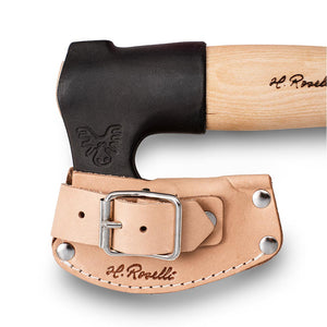 Finnish handmade outdoor axe from Roselli with a long handle, comes with a light vegetable leather axe case