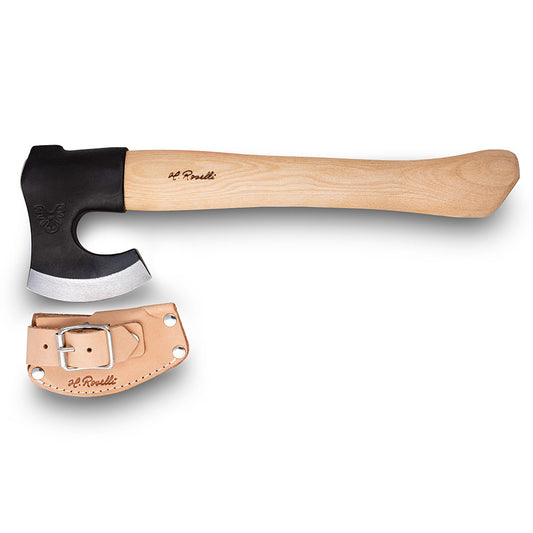 Handmade Finnish outdoor axe from Roselli in short handle comes with a axe case in light vegetable leather