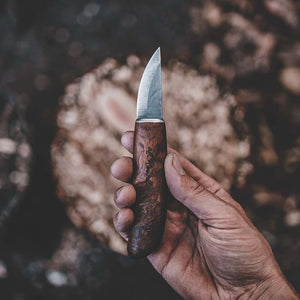 Handmade Finnish knife from Roselli in model "bear claw" with stained curly birch handle 