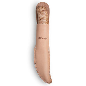 Handmade finnish knife from Roselli in model "carpenter knife" with a handle made out of curly birch and a light tanned leather sheath  