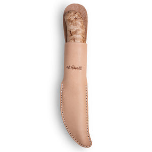 Handmade Finnish knife from Roselli in model "carpenter knife" with a handle made out of curly birch and comes with a light tanned leather sheath  