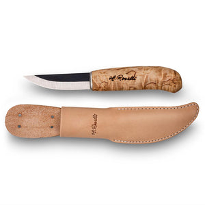 Handmade finnish knife from Roselli in model "carpenter knife" with a handle made out of curly birch and a light tanned leather sheath 