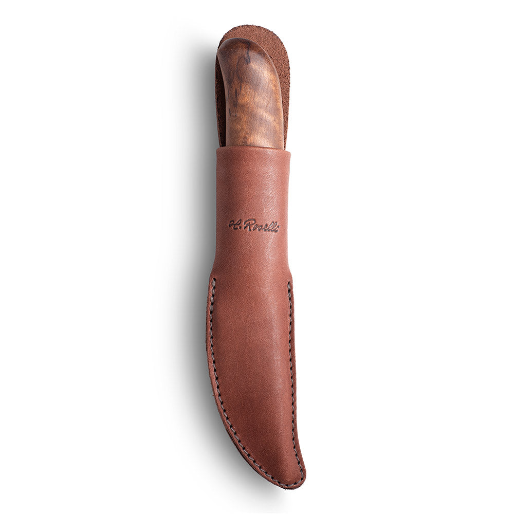 Handmade Finnish knife from Roselli in model "carpenter knife" with UHC steel and a handle made out of heat treated curly birch comes with a dark vegetable  leather sheath 