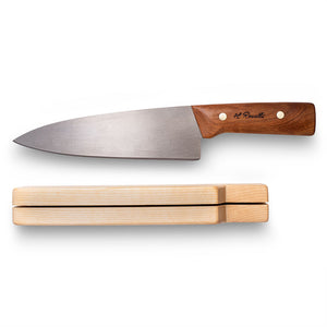 Handmade Finnish kitchen knife from Roselli in model "chef knife" with a handle made out of heat treated curly birch comes with a knife rack made out of curly birch 