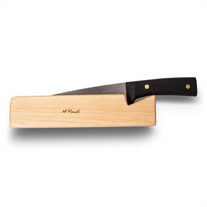 Handmade Finnish kitchen knife in model "Chef knife" comes with a handle made out of silicon comes with a knife rack made out of curly birch
