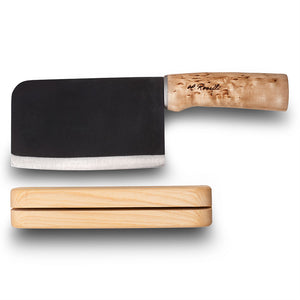 Handmade finnish kitchen knife from Roselli in model "Chinese chef knife" with a handla made out of curly birch comes with a knife rack made out of curly birch too