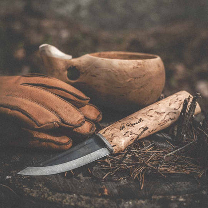 Handmade Finnish hunting knife with a full tang blade and a handle made out of curly birch 