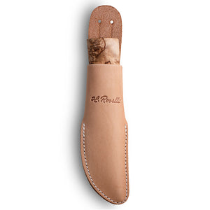 Handmade Finnish hunting knife from Roselli in model "grandfather knife" with a handle made out of curly birch and a light tanned vegetable leather case