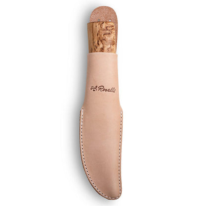 Handmade Finnish hunting knife with a full tang blade and a handle made out of curly birch and a sheath made out of light tanned leather sheath 