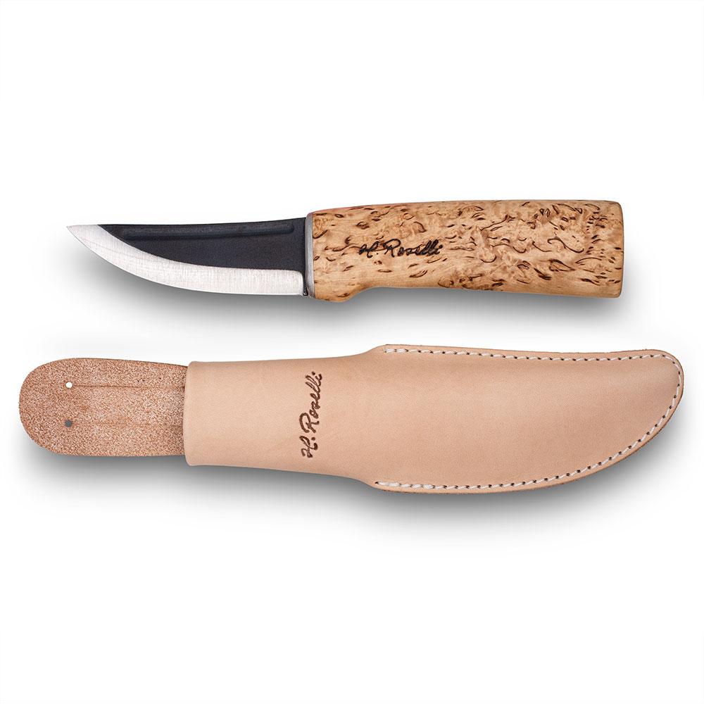 Handmade Finnish hunting knife with a full tang blade and a handle made out of curly birch and a sheath made out of light tanned leather sheath 