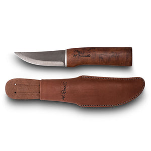 Handmade Finnish hunting knife from Roselli with a handle made out of heat treated curly birch  and comes with a dark leather sheath 