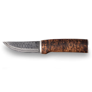 Handmade Finnish hunting knife from Roselli in Damascus steel, silver ferrule details and handle made out of heat treated curly birch 