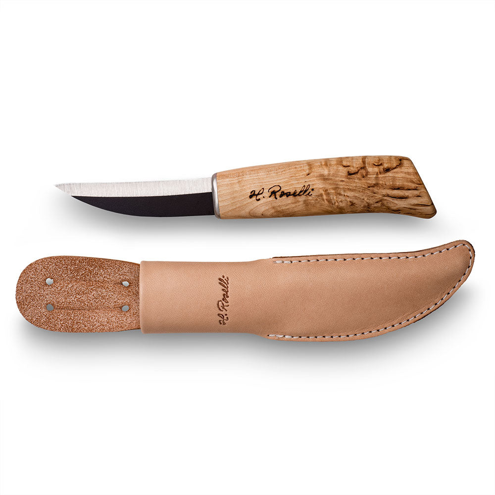 Handmade finnish fishing knife from Roselli in model "opening knife" with a sharp tip and a handle made out of curly birch 