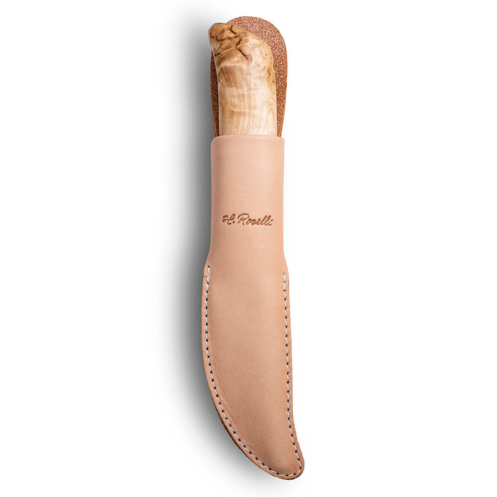 Handmade finnish fishing knife from Roselli in model "opening knife" with a sharp tip and a handle made out of curly birch. The knife comes with a light tanned leather sheath 
