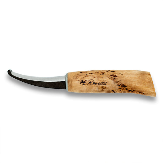 Handmade Finnish hunting knife from Roselli in model "opening knife" with a round tip and a handle made out of curly birch 