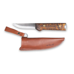 Handmade Finnish bushcraft knife from Roselli in model "Heimo 4" with a full tang blade and a handle made out of heat treated curly birch comes with a dark vegetable leather sheath 
