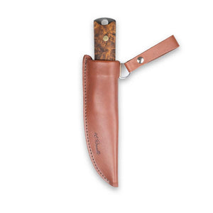 Handmade Finnish bushcraft knife from Roselli in model "Heimo 4" with a full tang blade and a handle made out of heat treated curly birch comes with a dark vegetable leather sheath 